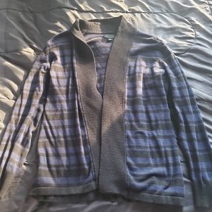 Women long sleeve open front overlay top Blue black striped Metaphor